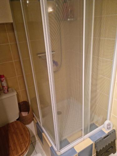 a shower with a glass door in a bathroom at Chambre face aux vignes in Vidauban