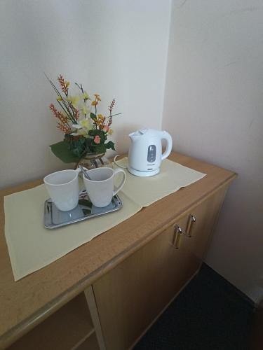 a table with two cups and a vase of flowers at Horský Hotel Magura in Chvojnica