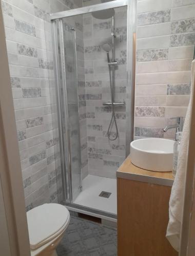 une salle de bain avec une douche, des toilettes et un lavabo dans l'établissement refuge, à Mont-sous-Vaudrey