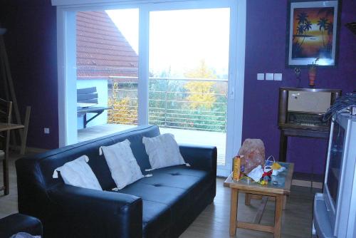 un salon avec un canapé et une grande fenêtre dans l'établissement Appartement 4 personnes du Sable, à Marlenheim
