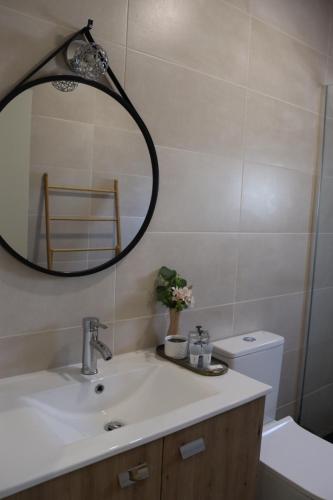 a bathroom with a sink and a mirror and a toilet at Villa Cerva Home in Cerva