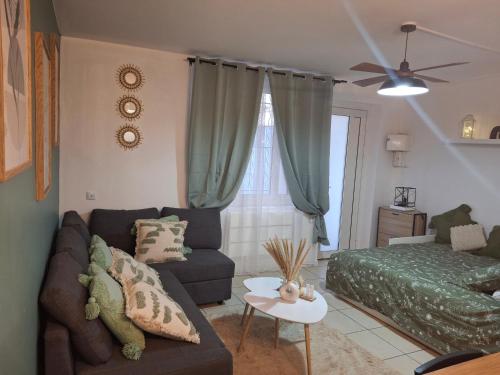 un salon avec un canapé et un lit dans l'établissement centre ville proche du métro, à Toulouse