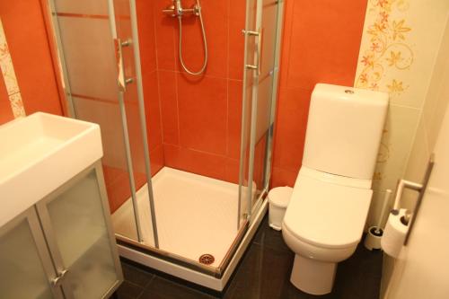 une salle de bains avec douche, toilettes et lavabo dans l'établissement Pinho Apartments, Studios and Rooms, à Porto
