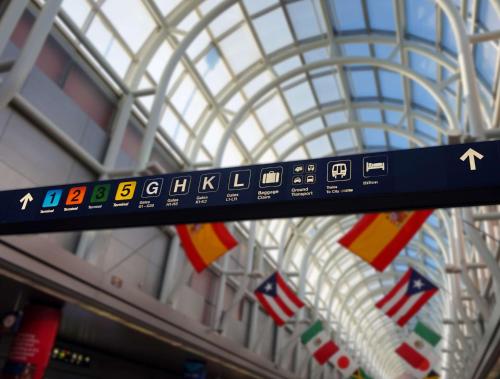a sign in a building with flags of different countries at Hilton Chicago O'Hare Airport in Rosemont