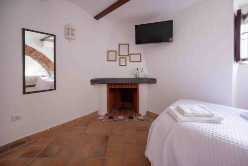 a bedroom with a fireplace and a tv on the wall at Refúgio Alentejano in Alandroal