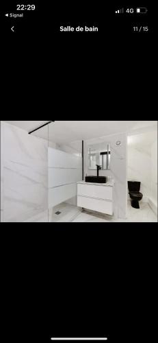 une salle de bain blanche avec un lavabo et des toilettes dans l'établissement La tanière Mandar, à Paris