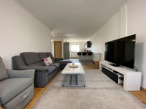 ein Wohnzimmer mit Couch und Flachbildfernseher in der Unterkunft Maison proche Paris, Aéroport CDG, Stade de France in Drancy