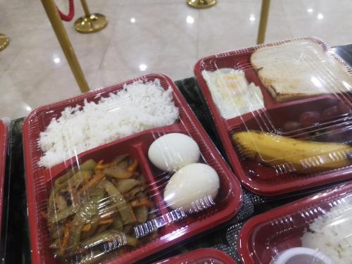 two plastic containers of food with rice and fruit at Dela Chambre Hotel in Manila