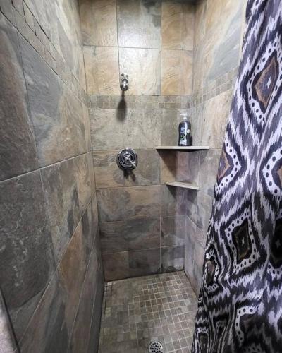 a bathroom with a shower with a tiled shower at Shelter Chalet in Rhododendron