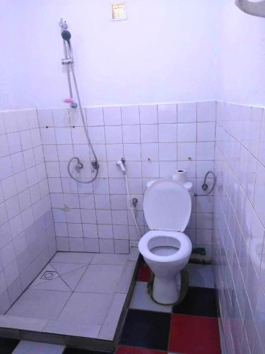 a bathroom with a toilet and a shower at Maison les pieds dans l'eau (Ramena) in Andjamen