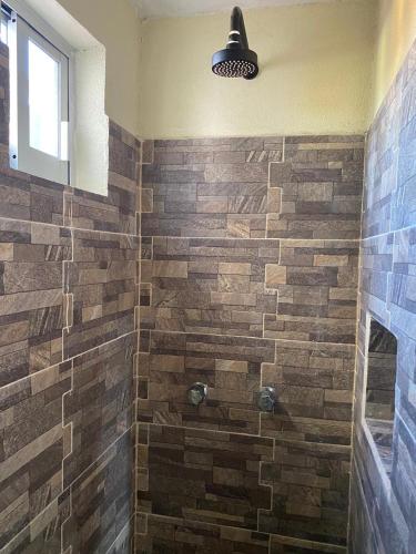 a bathroom with a shower with a brick wall at Departamento Céntrico in San Luis Potosí