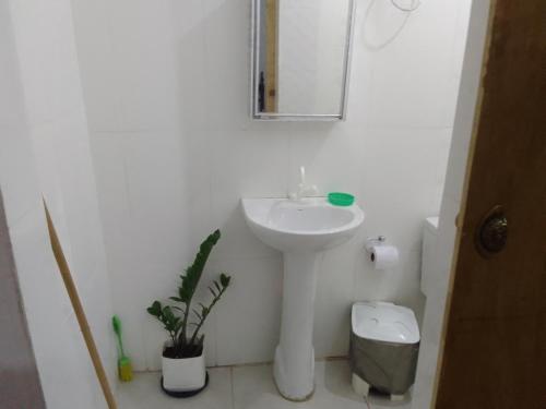 a white bathroom with a sink and a mirror at Pousada Moranga in Carolina