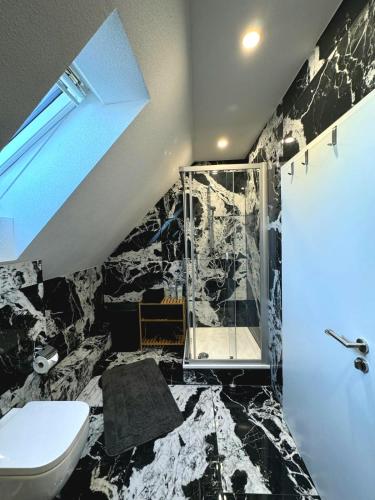 a bathroom with a toilet and a glass shower at Glück Apartments (Europa-Park Rust) in Kappel-Grafenhausen
