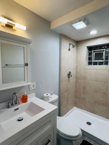 a bathroom with a sink and a toilet and a shower at Convenient Stay near Chicago Ohare Airport with King Beds and Coffee in Des Plaines