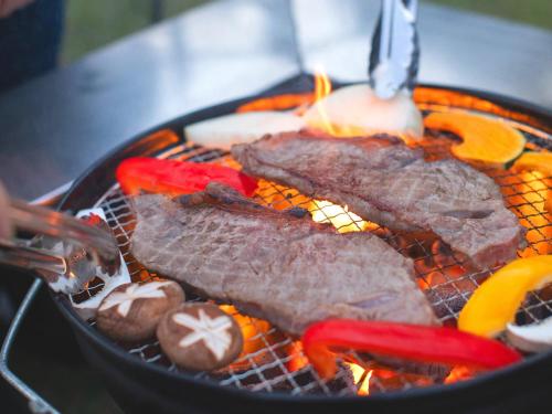 two pieces of meat and vegetables cooking on a grill at くじゅう花公園 グランピングパーク花と星 in Kuju