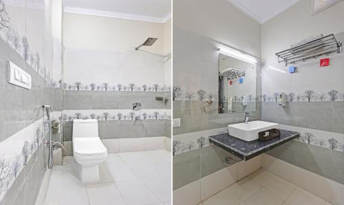 2 immagini di un bagno con servizi igienici e lavandino di Corbett The Serene By Sukhmani Resorts a Ramnagar