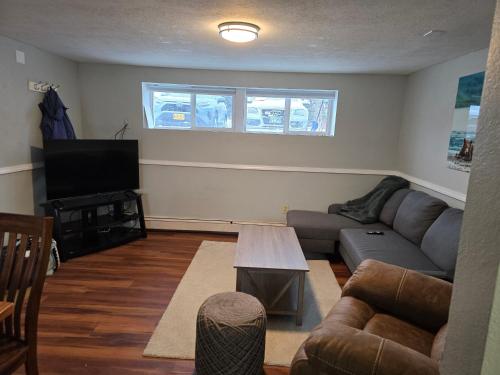 a living room with a couch and a tv at Fairbanks Great Location in Fairbanks