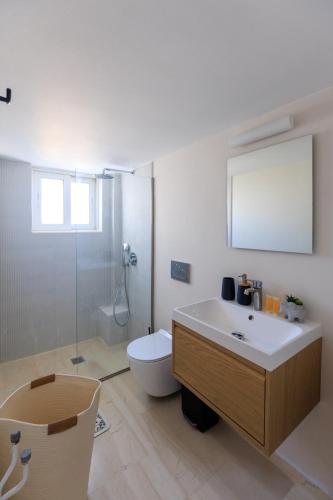 a bathroom with a sink and a toilet and a mirror at AIOLOS elegant escapes GLYFADA apartment in Athens