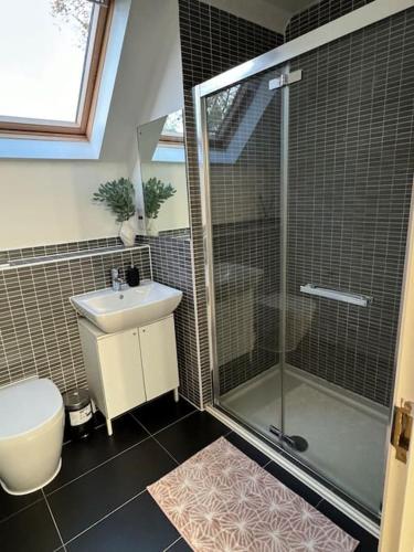 a bathroom with a shower and a toilet and a sink at Windsor and slough in Slough