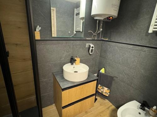 une salle de bain avec un lavabo et un miroir dans l'établissement Studio charmant proche pistes et commerces avec parking, balcon, animaux acceptés - FR-1-445-210, à Montgenèvre