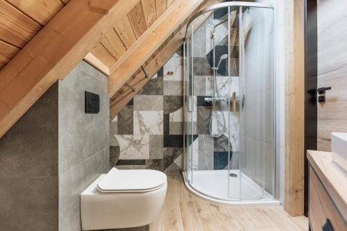 a bathroom with a toilet and a shower at Apres Ski Bachleda - LoftAffair Collection in Zakopane