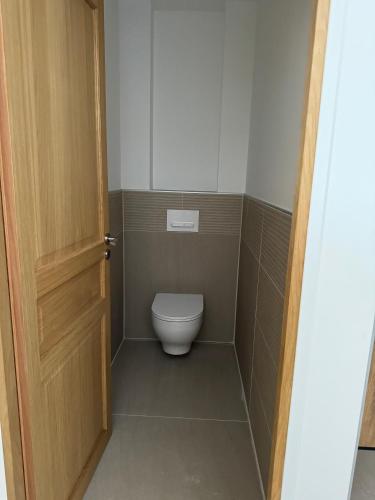 a bathroom with a toilet and a wooden door at La Menuiserie in Épernay