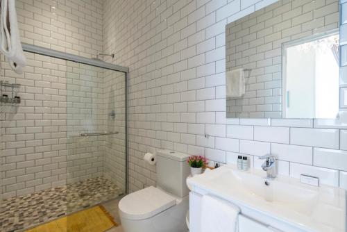 a white bathroom with a toilet and a sink at The Willets Boutique Hotel in Simon's Town in Simonʼs Town