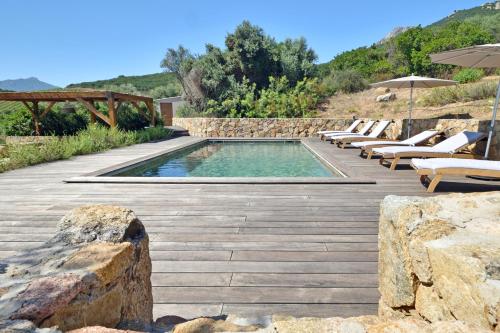 une piscine avec des chaises longues et un complexe hôtelier dans l'établissement Villa Les Bergeries De Calvi, à Calvi