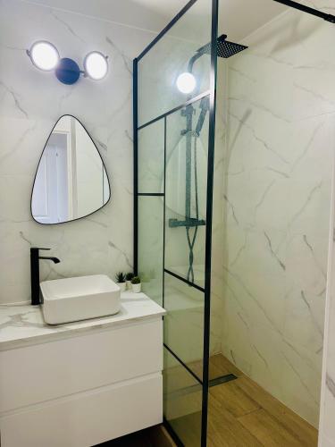 une salle de bain avec une douche en verre et un lavabo dans l'établissement Face à la mer, coucher de soleil, à Six-Fours-les-Plages