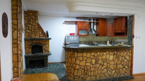 a kitchen with a stone fireplace in a room at Ivan Apartment Skopje in Skopje