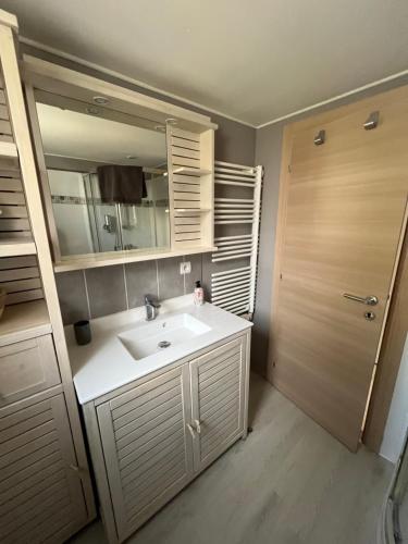 La salle de bains est pourvue d'un lavabo, d'un miroir et d'une porte. dans l'établissement Villa FLAMINGO, à Hyères