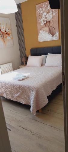 a bedroom with a bed with white sheets and a painting at Leon Apartment in Pedini