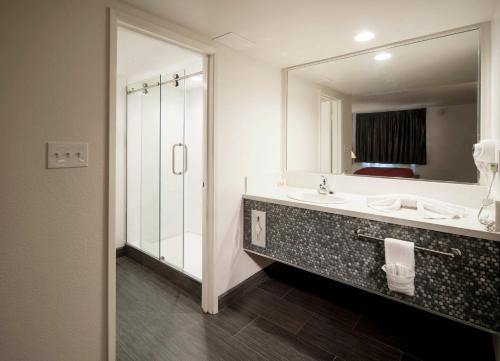 baño con lavabo y espejo grande en Thunderbird Boutique Hotel, en Las Vegas