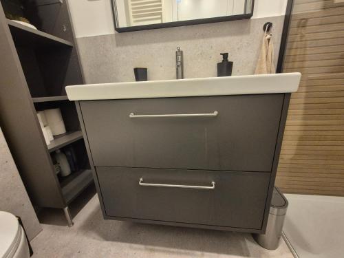 een badkamermeubel met een wastafel en een spiegel bij RingPeace Apartment, Trnsko in Zagreb