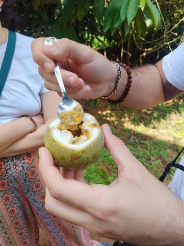 a person is eating an apple with a spoon at Bhuvanam homestay in Kalpetta