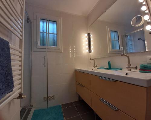 een badkamer met een wastafel en een douche bij Maison Le Petit Bonheur in Soturac