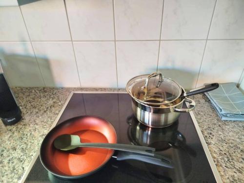 a pot and a pan on top of a stove at Ruhiges Studio mit Aussicht fast bis nach Interlaken in Faulensee