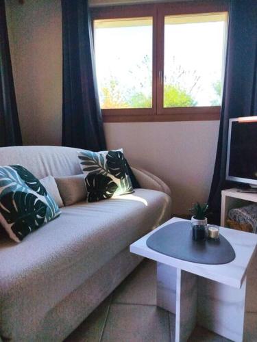 a living room with a couch and a table at Ruhiges Studio mit Aussicht fast bis nach Interlaken in Faulensee