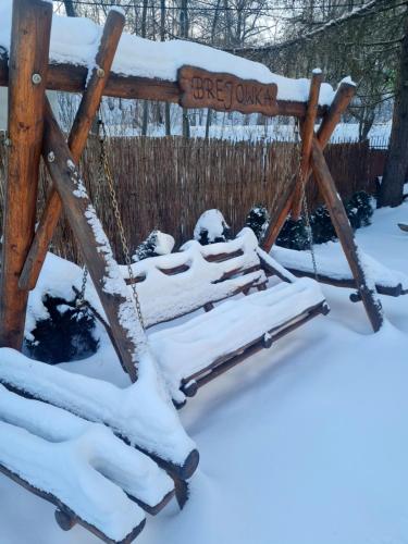 un'altalena in un cortile coperto di neve di Brejowka a Krynica-Zdrój
