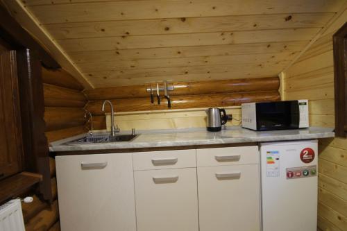 a kitchen with a sink and a microwave at Arnika Hotel in Bukovel