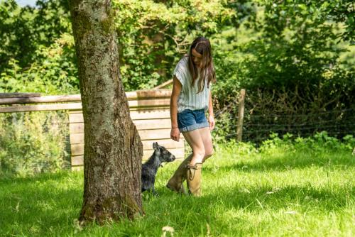 a woman standing next to a dog in the grass at Gilfach Gower Farm Luxury Yurt with Hot Tub in Ammanford