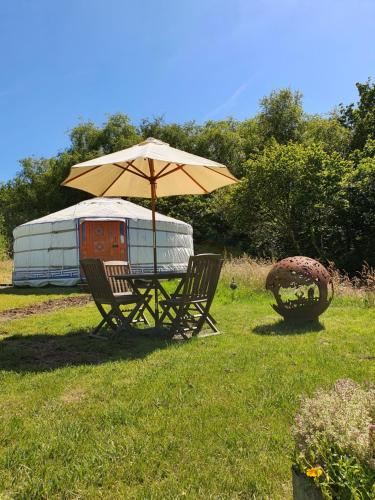 a table and two chairs under an umbrella in a yard at Gilfach Gower Farm Luxury Yurt with Hot Tub in Ammanford