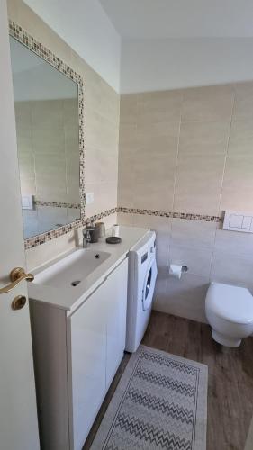 a bathroom with a sink and a toilet and a mirror at Evergreen House - Japartments in Genova