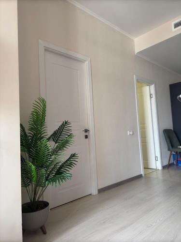 a white room with a door and a plant at Cozy apartment in Alvina complex in Tsaghkadzor