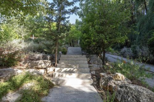a path in a garden with trees and rocks at New Luxurious Villa in Kerem Maharal in Kerem Maharal