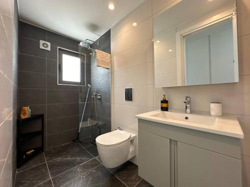 a bathroom with a toilet and a sink and a shower at Deja Blue2 A2-5 penthouse with sea view in Bahçeli