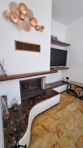a living room with a fireplace and a tv at Wildflowers House - JApartments in Genoa