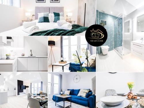 a collage of photos of a bedroom and a living room at Modern 1-Bed Apartment in Buckinghamshire with Free WiFi, Parking & Garden in Buckinghamshire