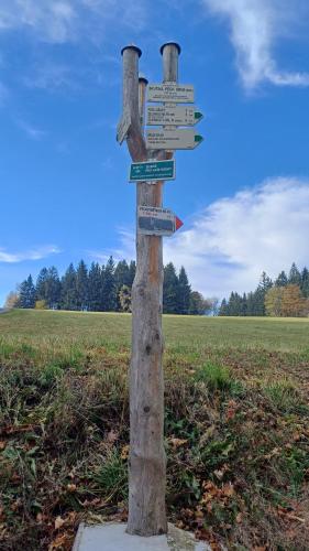 a wooden pole with signs on it in a field at Trempská Chalupa Aronie in Olešnice v Orlických horách