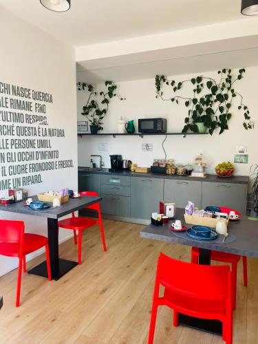 a kitchen with two tables and red chairs at Countryhouse Verso in Rovereto